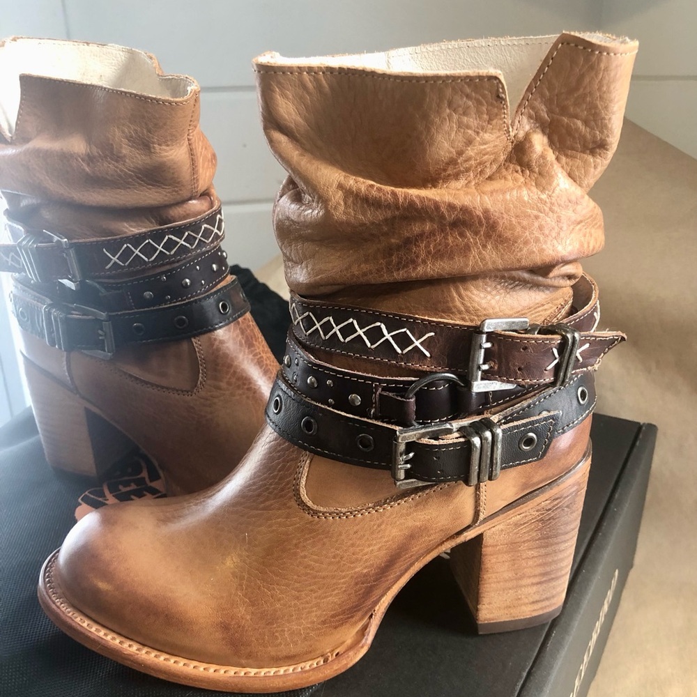Freebird Brown and Black Heeled Boots with Chunky Heel